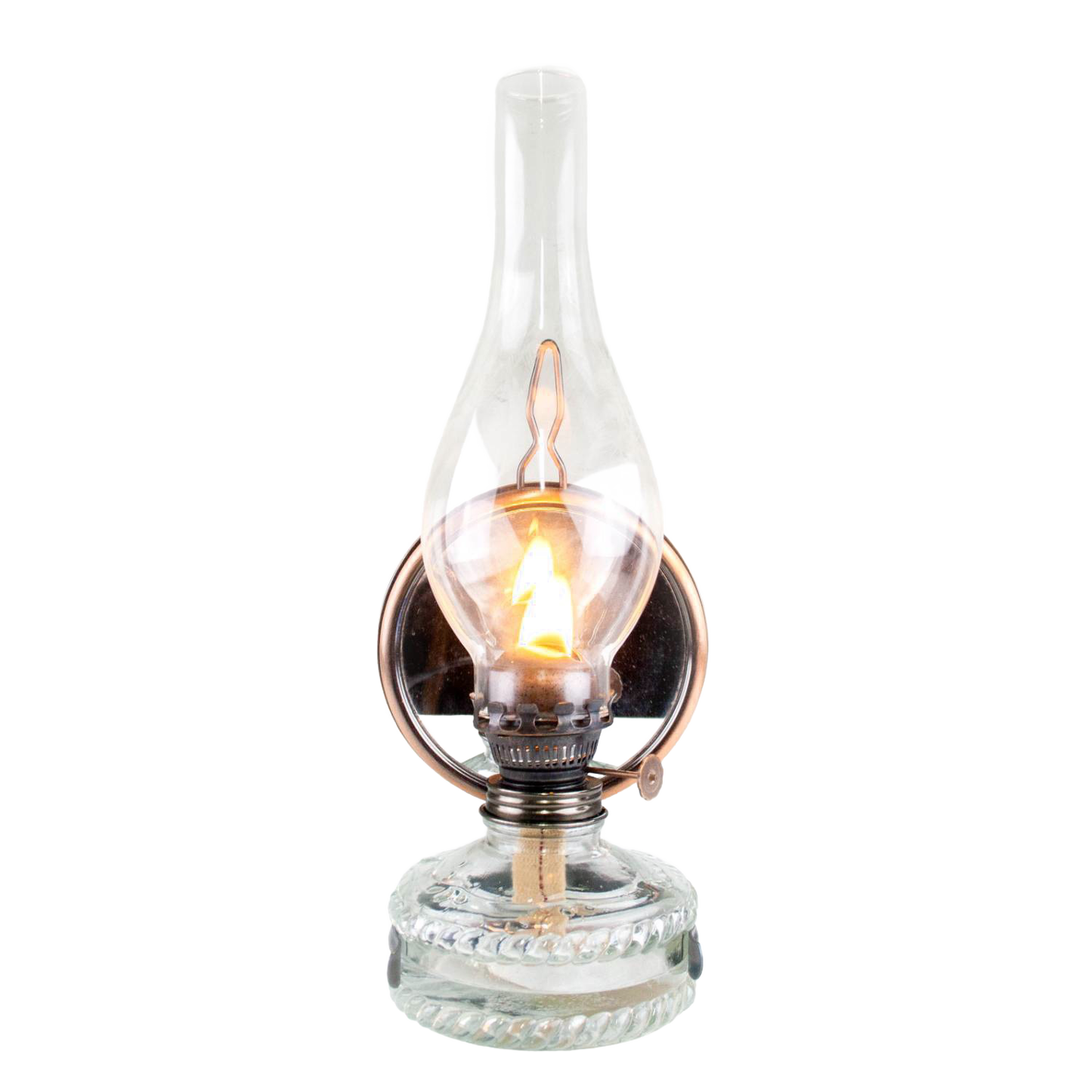 Reflector oil lamp with a clear glass base for fuel visibility, removable mirror reflector with copper finish, and tall glass chimney, handcrafted for Lamps & Lighting, Oil Lamps, Wall Lamps, and Best Sellers collections.