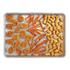Half size perforated crisp pan with golden chicken nuggets, seasoned carrot sticks, and crispy tater tots arranged evenly for even air circulation, featured in Kitchen & Food, Cookware, Baking Supplies, Best Sellers, and Promo Eligible collections.