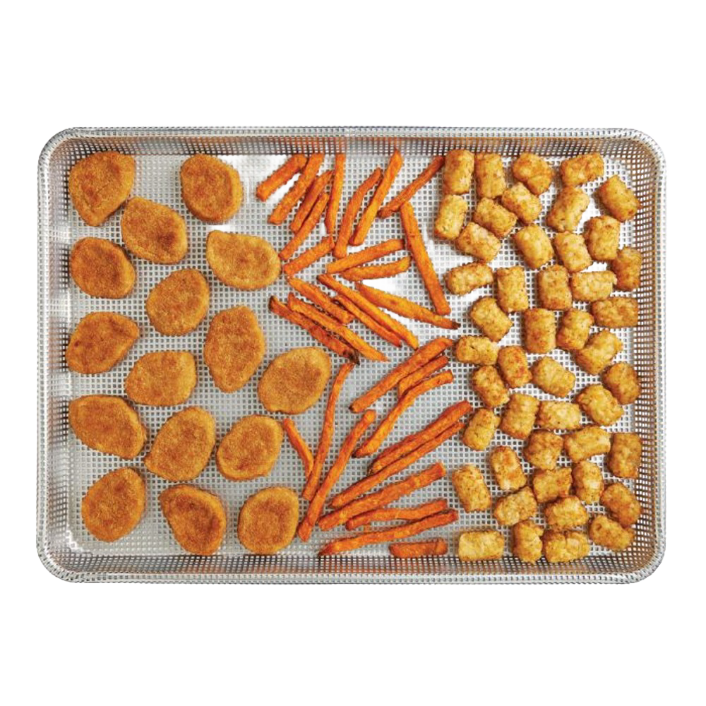 Half size perforated crisp pan with golden chicken nuggets, seasoned carrot sticks, and crispy tater tots arranged evenly for even air circulation, featured in Kitchen & Food, Cookware, Baking Supplies, Best Sellers, and Promo Eligible collections.