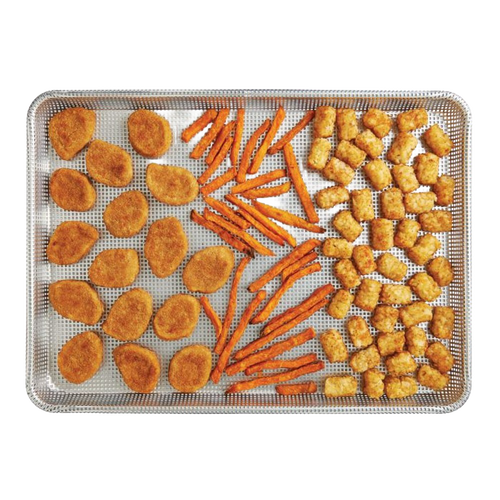 Half size perforated crisp pan with golden chicken nuggets, seasoned carrot sticks, and crispy tater tots arranged evenly for even air circulation, featured in Kitchen & Food, Cookware, Baking Supplies, Best Sellers, and Promo Eligible collections.