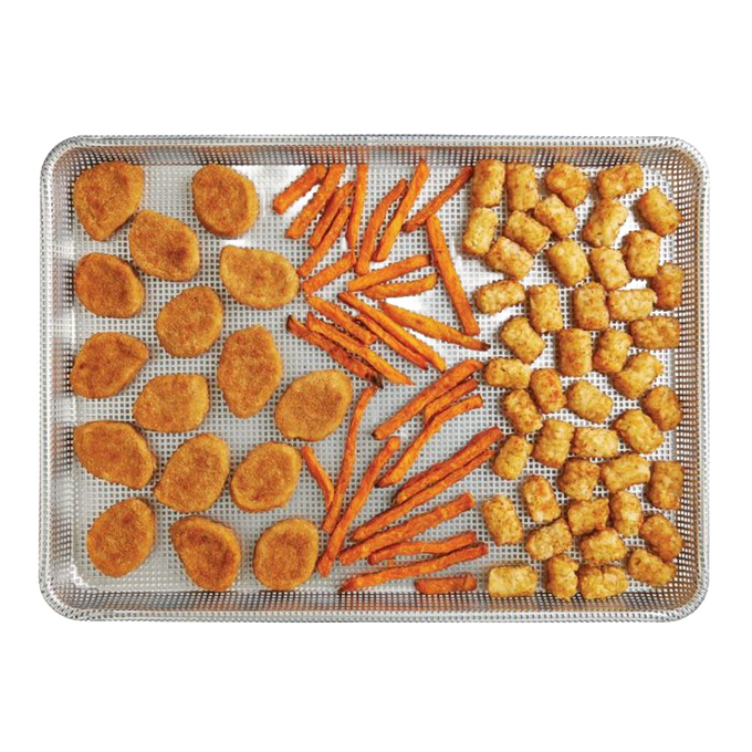 Half size perforated crisp pan with golden chicken nuggets, seasoned carrot sticks, and crispy tater tots arranged evenly for even air circulation, featured in Kitchen & Food, Cookware, Baking Supplies, Best Sellers, and Promo Eligible collections.