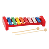 Handcrafted wooden xylophone with eight brightly colored metal keys, printed notes, and two wooden mallets, perfect for children's indoor play and educational fun.