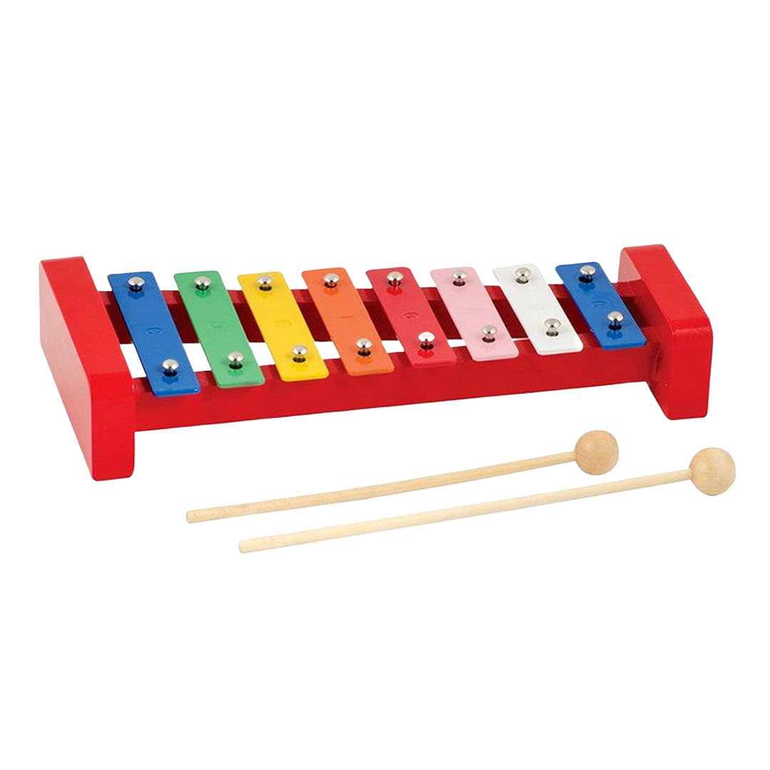Handcrafted wooden xylophone with eight brightly colored metal keys, printed notes, and two wooden mallets, perfect for children's indoor play and educational fun.