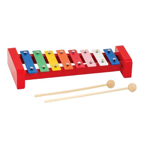 Handcrafted wooden xylophone with eight brightly colored metal keys, printed notes, and two wooden mallets, perfect for children's indoor play and educational fun.