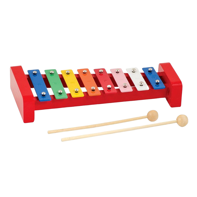 Handcrafted wooden xylophone with eight brightly colored metal keys, printed notes, and two wooden mallets, perfect for children's indoor play and educational fun.