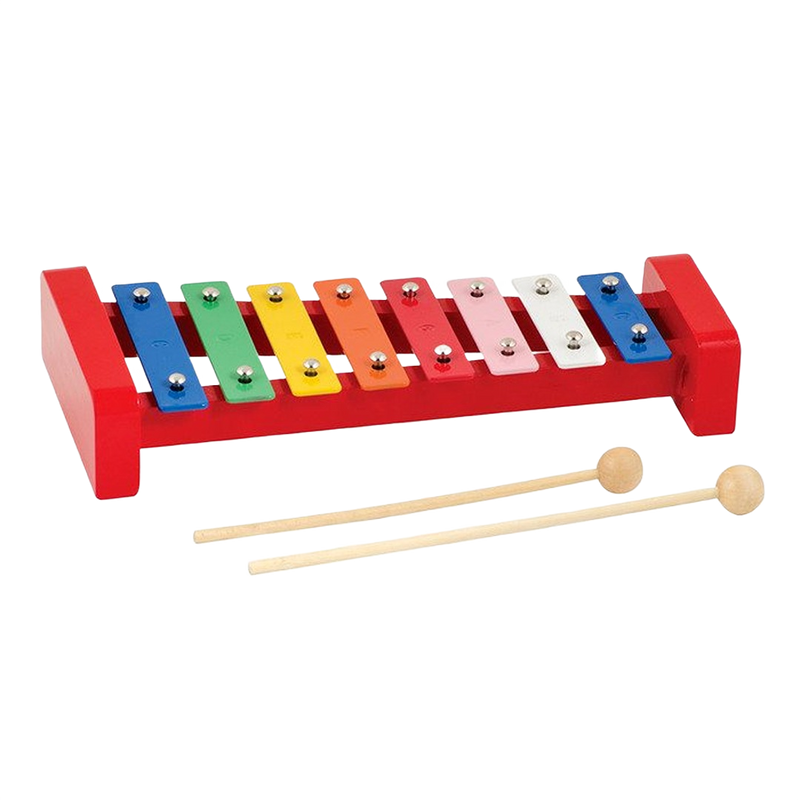 Handcrafted wooden xylophone with eight brightly colored metal keys, printed notes, and two wooden mallets, perfect for children's indoor play and educational fun.