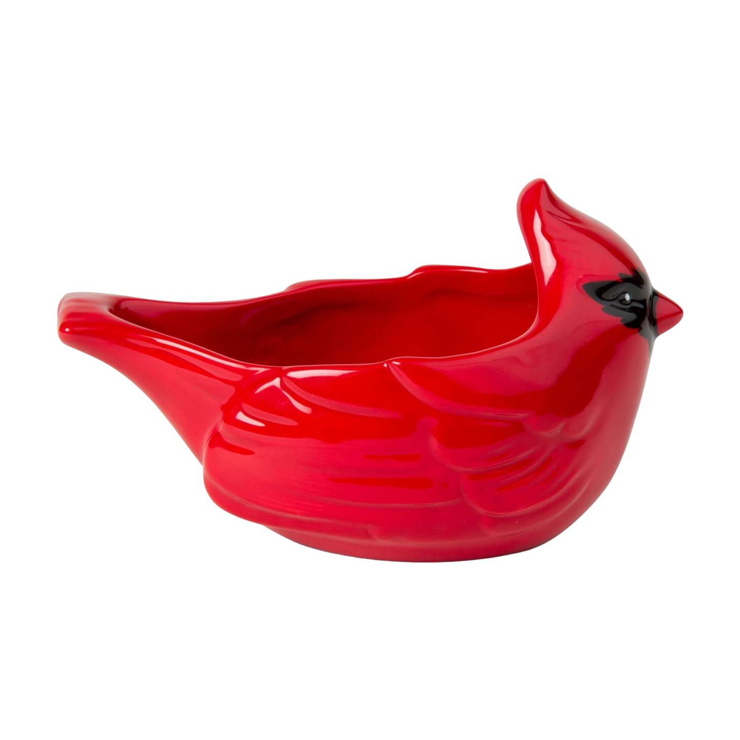 Bright red ceramic cardinal-shaped bowl with glossy finish, designed for holiday decor and kitchen use, handcrafted and dishwasher safe, ideal for serving and festive gatherings.