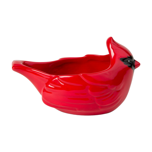 Bright red ceramic cardinal-shaped bowl with glossy finish, designed for holiday decor and kitchen use, handcrafted and dishwasher safe, ideal for serving and festive gatherings.