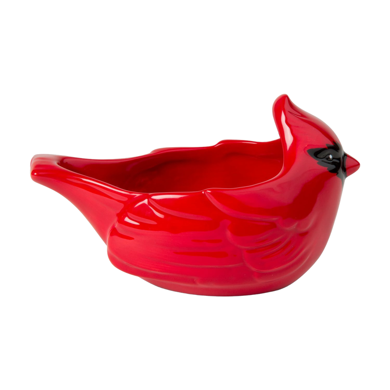 Bright red ceramic cardinal-shaped bowl with glossy finish, designed for holiday decor and kitchen use, handcrafted and dishwasher safe, ideal for serving and festive gatherings.