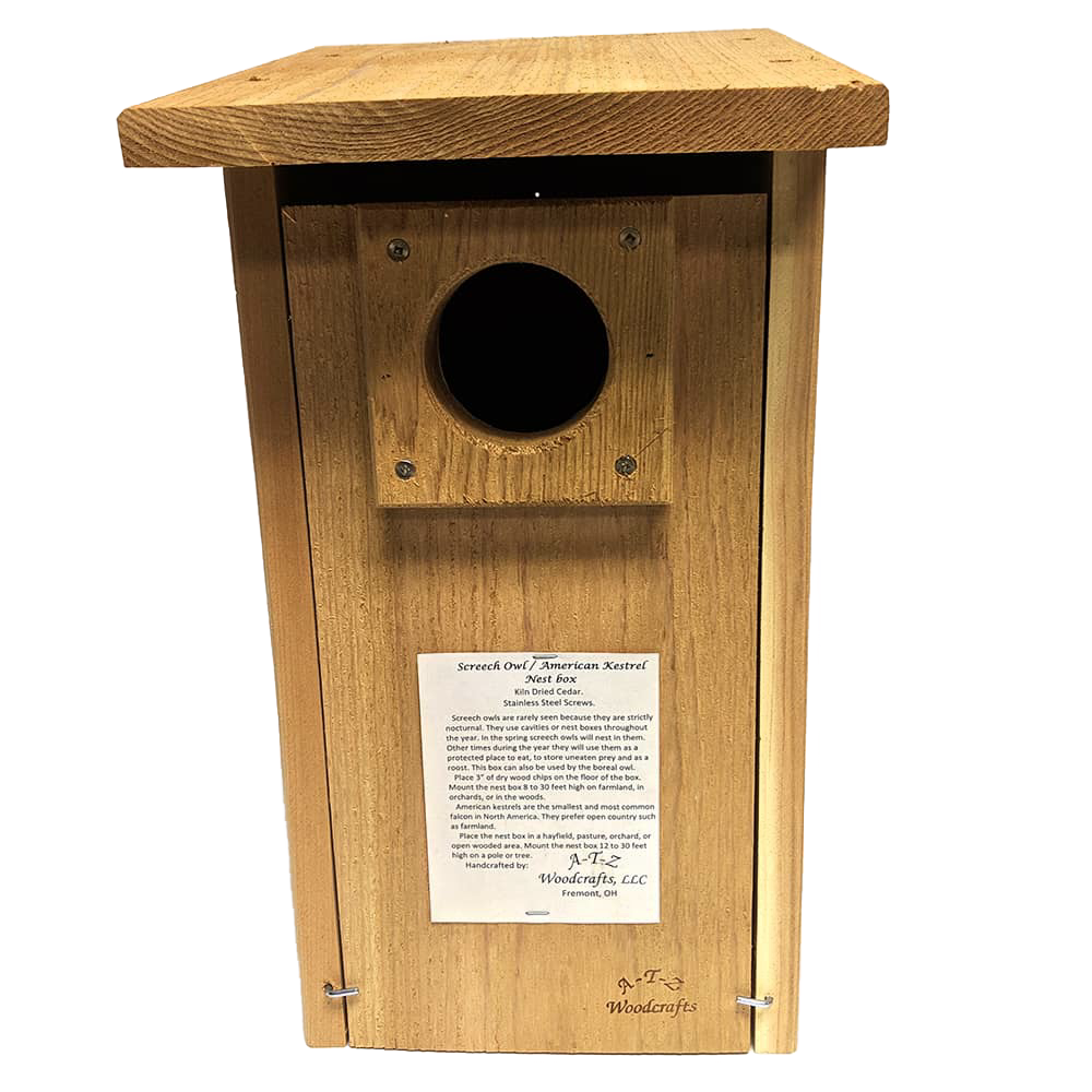 Handcrafted screech owl and kestrel nest box made in the USA from unfinished kiln dried cedar, designed for easy cleanout and lasting use in farm, garden, and outdoor settings.