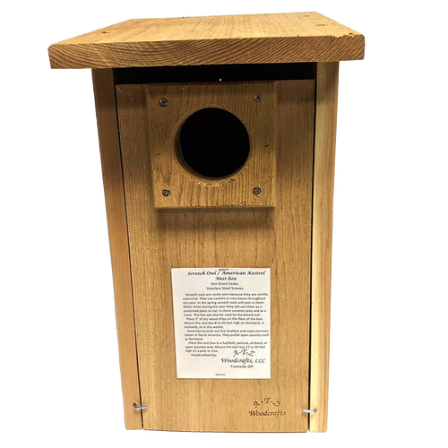 Handcrafted screech owl and kestrel nest box made in the USA from unfinished kiln dried cedar, designed for easy cleanout and lasting use in farm, garden, and outdoor settings.