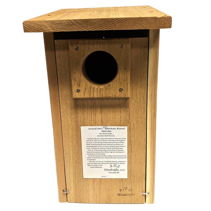 Handcrafted screech owl and kestrel nest box made in the USA from unfinished kiln dried cedar, designed for easy cleanout and lasting use in farm, garden, and outdoor settings.