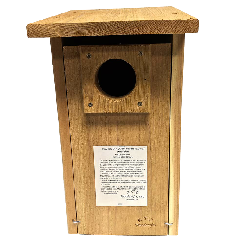 Handcrafted screech owl and kestrel nest box made in the USA from unfinished kiln dried cedar, designed for easy cleanout and lasting use in farm, garden, and outdoor settings.