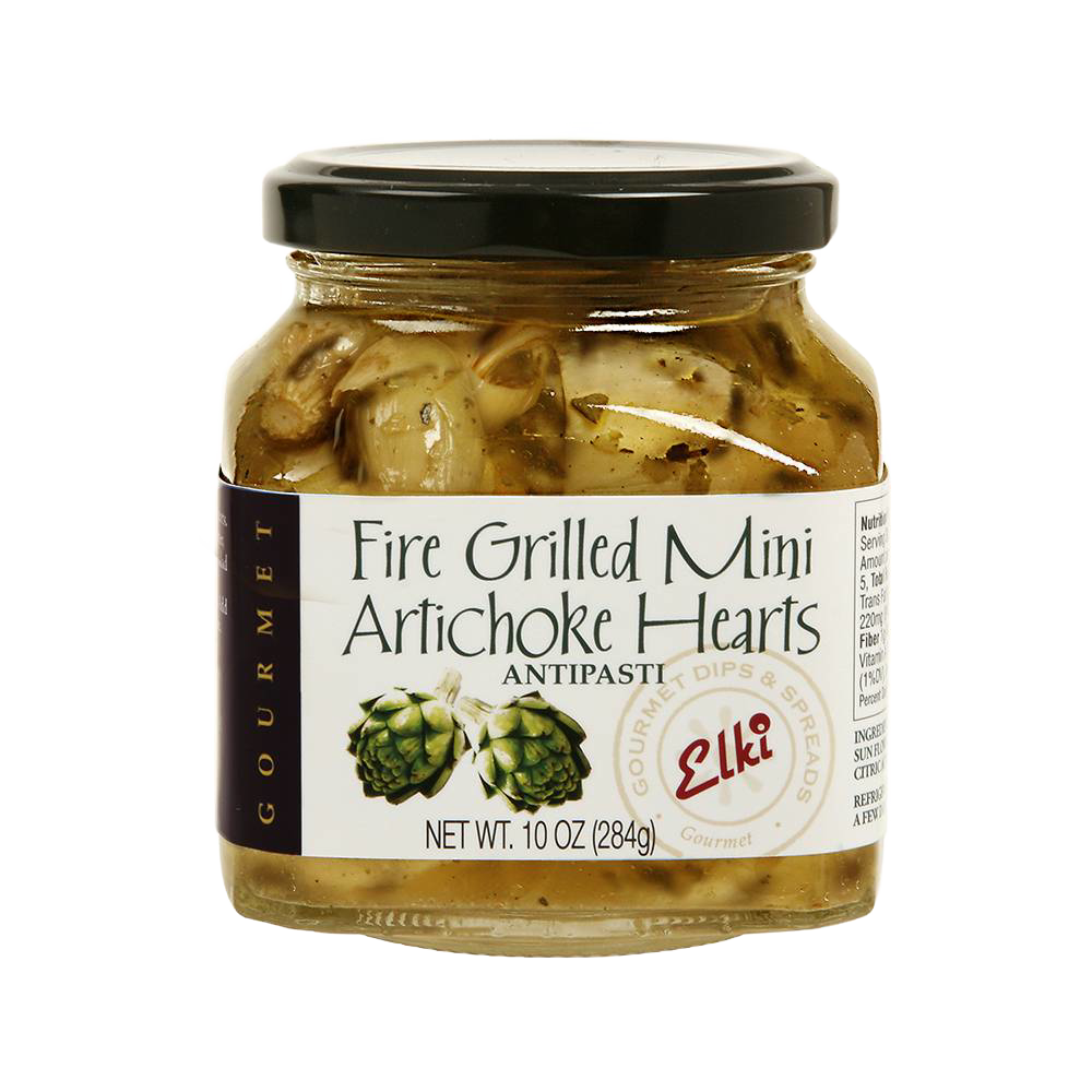 Glass jar of fire-grilled mini artichoke hearts in marinade, ideal for gourmet antipasti, Kitchen & Food, Pantry, Food, Best Sellers, and Promo Eligible collections.