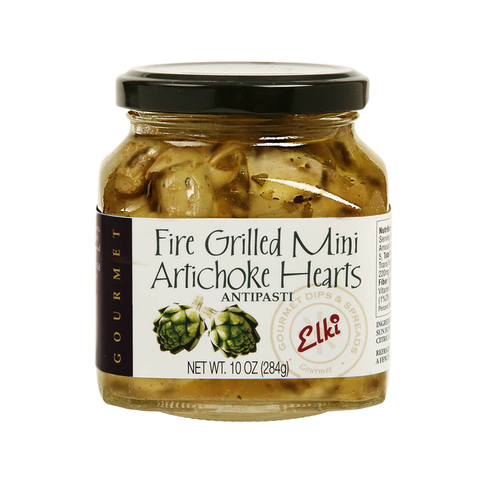Glass jar of fire-grilled mini artichoke hearts in marinade, ideal for gourmet antipasti, Kitchen & Food, Pantry, Food, Best Sellers, and Promo Eligible collections.