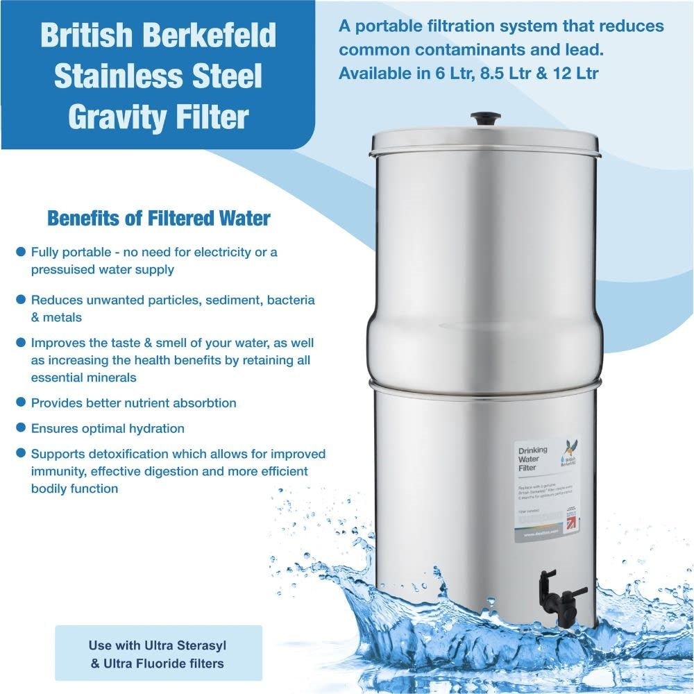 Stainless steel portable gravity water filter standing with informational text highlighting benefits like reducing contaminants and improving hydration, ideal for camping and emergency supplies in farm, garden, and appliance collections.