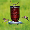 Red tinted mason jar hummingbird feeder with metal feeding base featuring flower-shaped nectar ports, attracting hummingbirds in a bright garden, ideal for Farm, Garden & Tool and Animal Care collections.