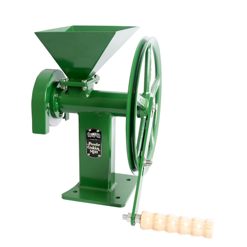 Heavy-duty green manual grain mill with stainless steel burrs, designed for grinding dry grains into flour, featuring a large hand crank with wooden handle, ideal for farm and homesteading use.