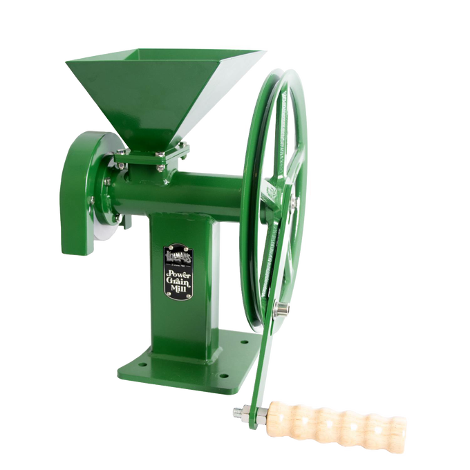 Heavy-duty green manual grain mill with stainless steel burrs, designed for grinding dry grains into flour, featuring a large hand crank with wooden handle, ideal for farm and homesteading use.