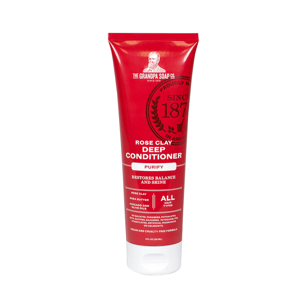 Red tube of handcrafted deep conditioner featuring rose clay, shea butter, and avocado oil, designed for gentle daily use and safe for color-treated hair in Health & Wellness and Grooming collections.