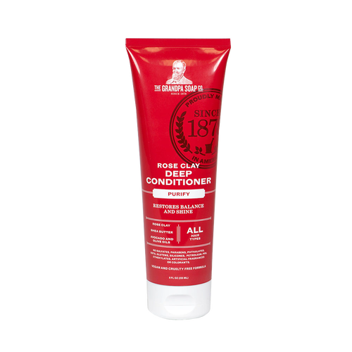 Red tube of handcrafted deep conditioner featuring rose clay, shea butter, and avocado oil, designed for gentle daily use and safe for color-treated hair in Health & Wellness and Grooming collections.