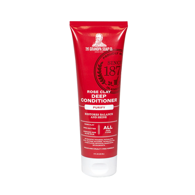 Red tube of handcrafted deep conditioner featuring rose clay, shea butter, and avocado oil, designed for gentle daily use and safe for color-treated hair in Health & Wellness and Grooming collections.