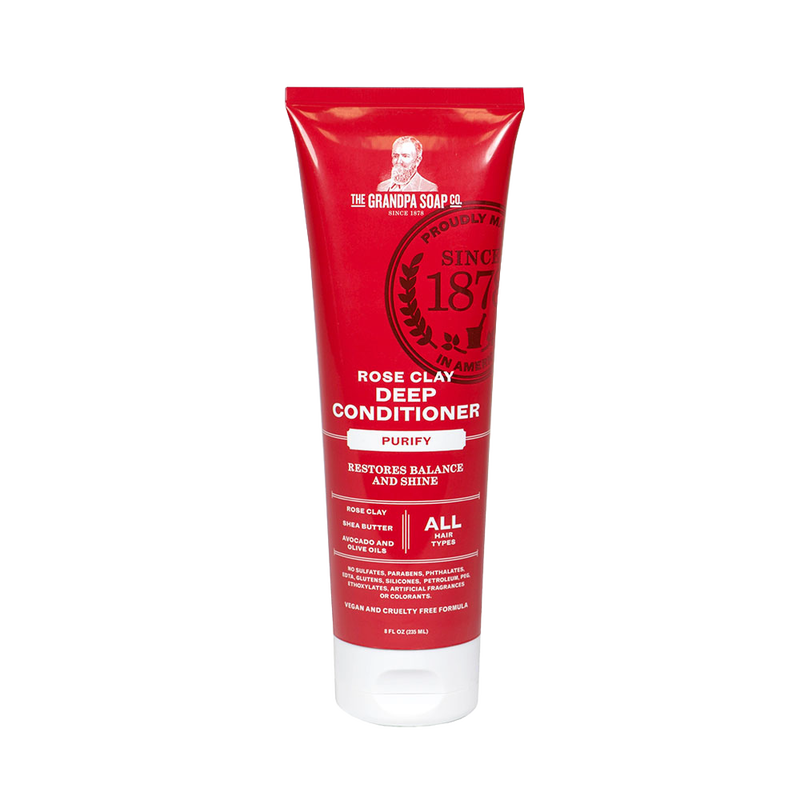 Red tube of handcrafted deep conditioner featuring rose clay, shea butter, and avocado oil, designed for gentle daily use and safe for color-treated hair in Health & Wellness and Grooming collections.
