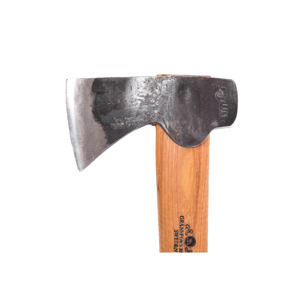 Handforged hunter's axe featuring a tempered Swedish steel blade and smooth wooden handle, crafted for durability and precision in farm, garden, and wood cutting tasks.