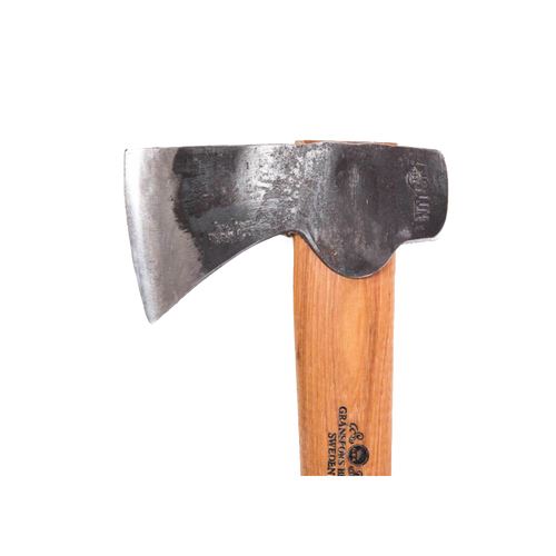 Handforged hunter's axe featuring a tempered Swedish steel blade and smooth wooden handle, crafted for durability and precision in farm, garden, and wood cutting tasks.