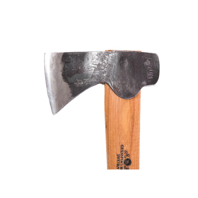 Handforged hunter's axe featuring a tempered Swedish steel blade and smooth wooden handle, crafted for durability and precision in farm, garden, and wood cutting tasks.