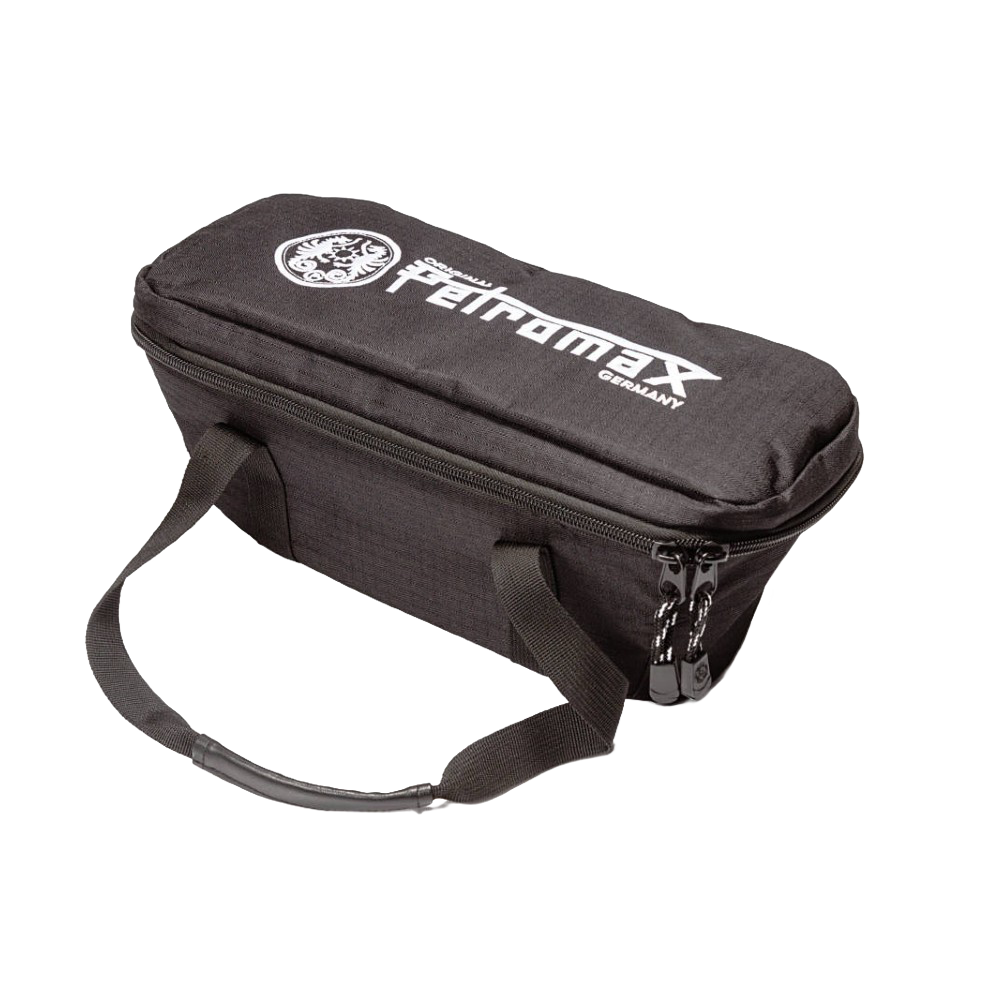 Compact black transport bag with sturdy handles and secure zipper closure, designed for safely storing and carrying a loaf pan, ideal for camping and farm, garden, and tool use.