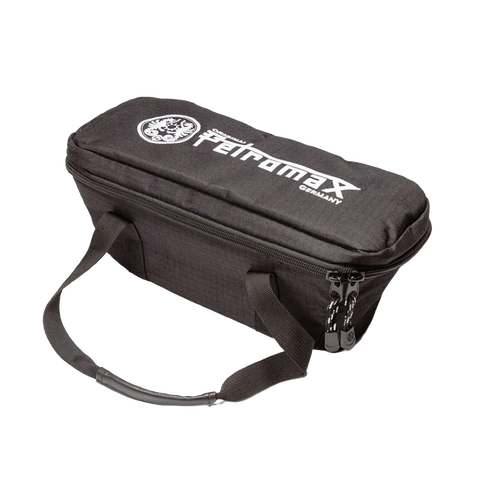 Compact black transport bag with sturdy handles and secure zipper closure, designed for safely storing and carrying a loaf pan, ideal for camping and farm, garden, and tool use.