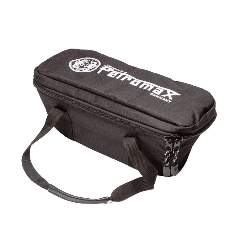 Compact black transport bag with sturdy handles and secure zipper closure, designed for safely storing and carrying a loaf pan, ideal for camping and farm, garden, and tool use.