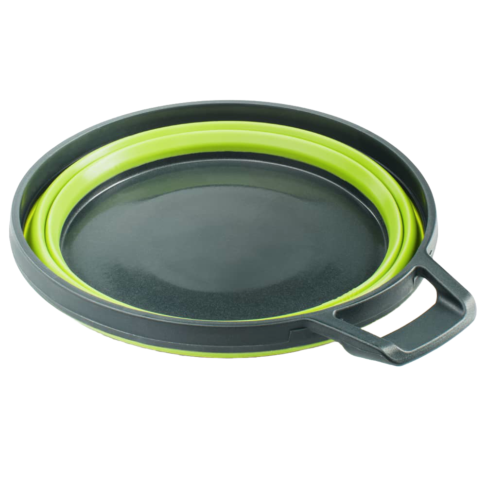 Collapsible camping bowl in green and dark gray with a sturdy handle, designed for easy transport and compact storage, perfect for outdoor, Farm, Garden & Tool, and Best Sellers collections.