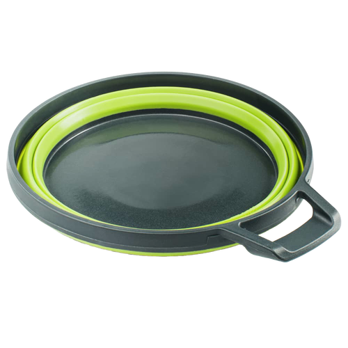Collapsible camping bowl in green and dark gray with a sturdy handle, designed for easy transport and compact storage, perfect for outdoor, Farm, Garden & Tool, and Best Sellers collections.