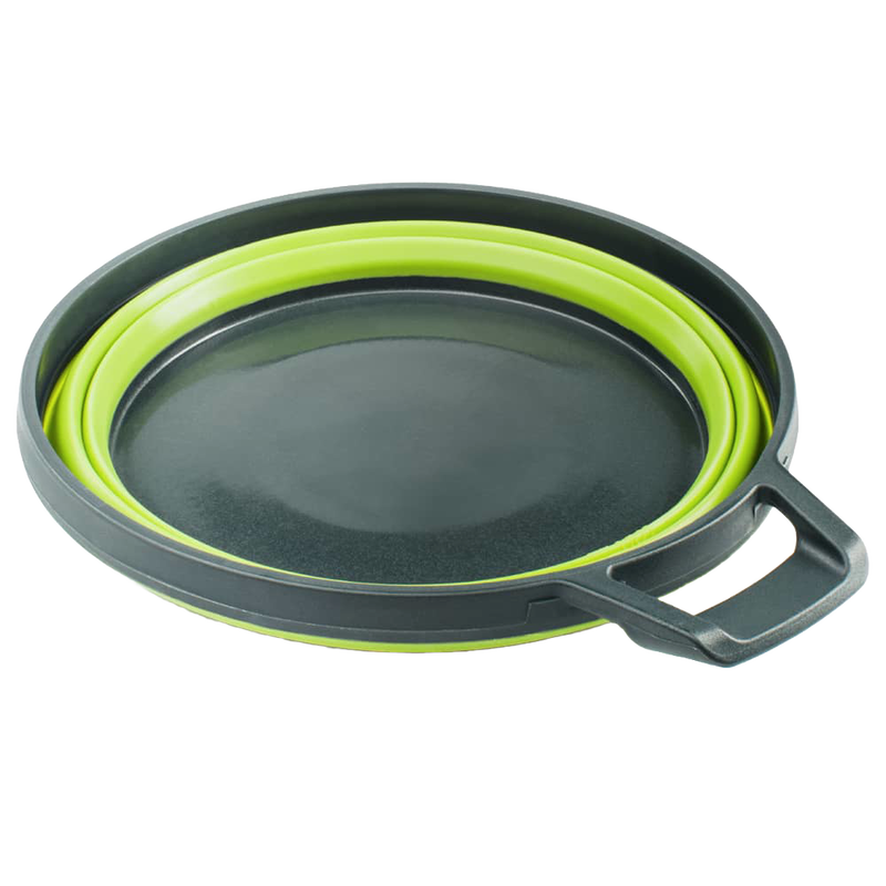 Collapsible camping bowl in green and dark gray with a sturdy handle, designed for easy transport and compact storage, perfect for outdoor, Farm, Garden & Tool, and Best Sellers collections.