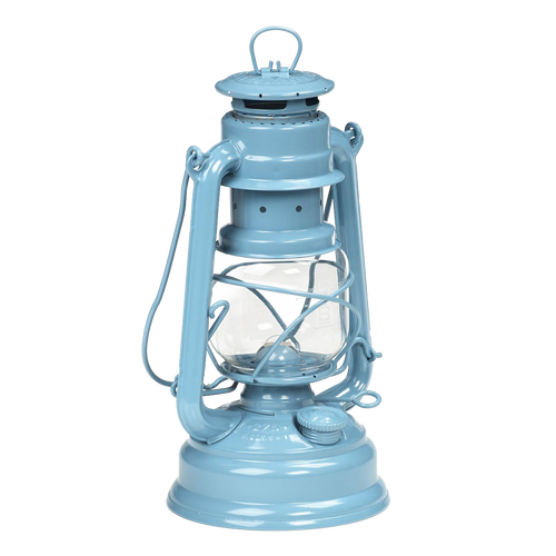 Handcrafted light blue galvanized oil lantern featuring a thermal heat-resistant SUPRAX globe, designed for durability in Lamps & Lighting, Camping, and Emergency Supplies collections.