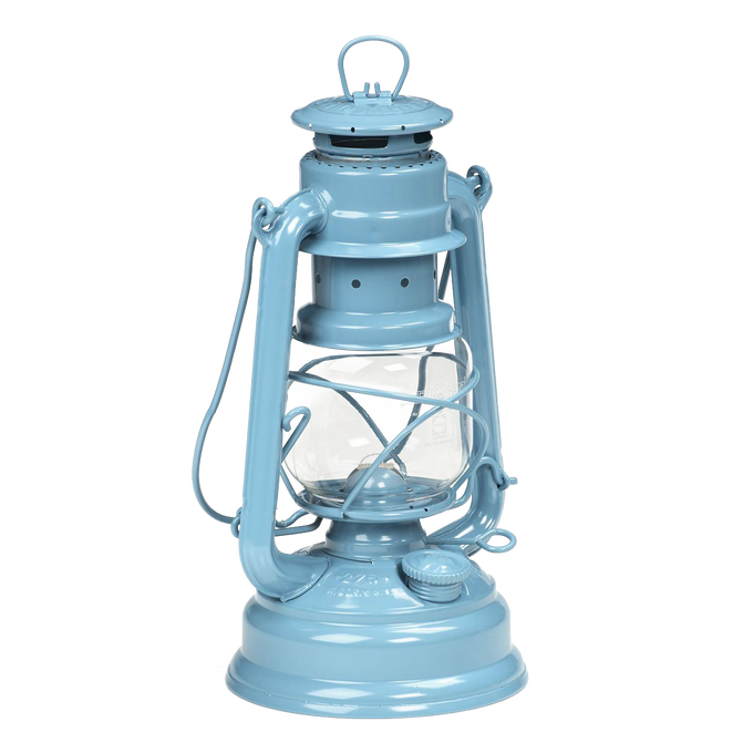 Handcrafted light blue galvanized oil lantern featuring a thermal heat-resistant SUPRAX globe, designed for durability in Lamps & Lighting, Camping, and Emergency Supplies collections.