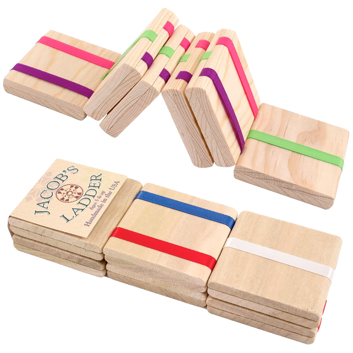Handcrafted solid wood Jacob's Ladder folk toy with red, white, blue, green, and purple ribbons creating a cascading effect, featured in Toys, USA Made, and Indoor Play collections.