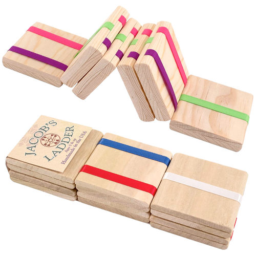 Handcrafted solid wood Jacob's Ladder folk toy with red, white, blue, green, and purple ribbons creating a cascading effect, featured in Toys, USA Made, and Indoor Play collections.