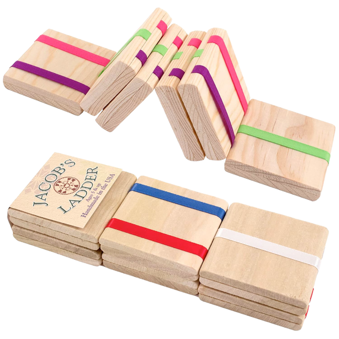 Handcrafted solid wood Jacob's Ladder folk toy with red, white, blue, green, and purple ribbons creating a cascading effect, featured in Toys, USA Made, and Indoor Play collections.
