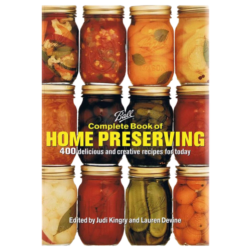 Cover of a how-to book featuring nine jars of assorted preserved fruits and vegetables arranged in a grid, showcasing colorful homemade canning examples, ideal for canning and preserving book collections.
