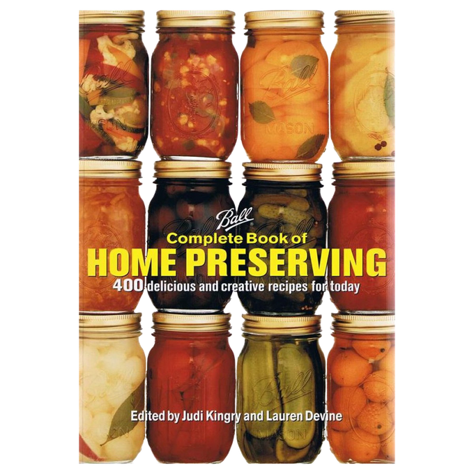 Cover of a how-to book featuring nine jars of assorted preserved fruits and vegetables arranged in a grid, showcasing colorful homemade canning examples, ideal for canning and preserving book collections.