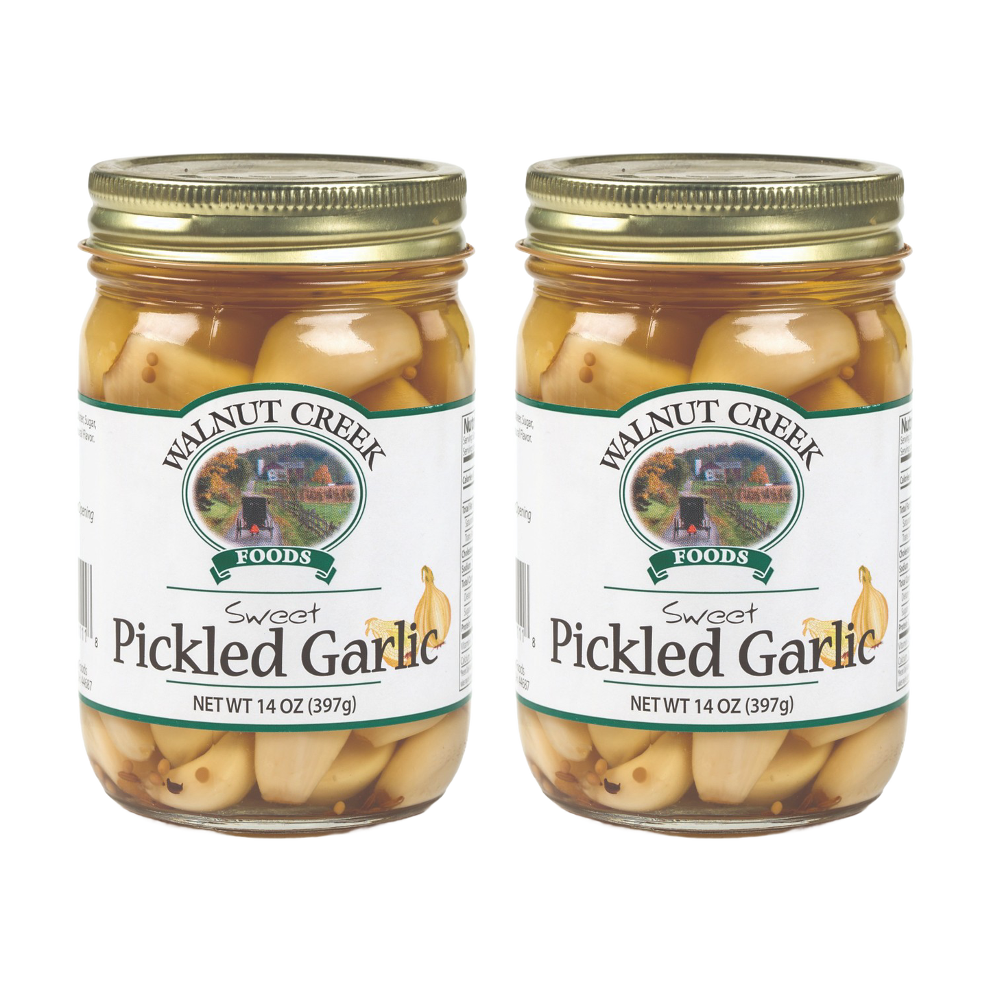 Two jars of handcrafted sweet pickled garlic with golden lids, made in Ohio's Amish Country, featured in Kitchen & Food, Pantry, USA Made, Best Sellers, and Promo Eligible collections.
