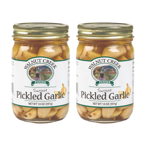Two jars of handcrafted sweet pickled garlic with golden lids, made in Ohio's Amish Country, featured in Kitchen & Food, Pantry, USA Made, Best Sellers, and Promo Eligible collections.