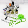 Handcrafted pressure canner kit with a polished metal 10.5-quart pressure cooker, three glass jars with metal lids, green-handled jar lifter and funnel, and canning rack, ideal for kitchen and food preservation, USA made.