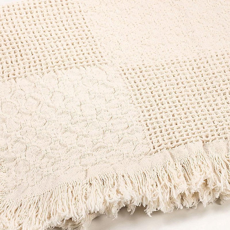 Close-up of a handcrafted off-white jacquard cotton throw featuring textured block patterns and fringed edges, made in USA, ideal for Home Textiles and Decor collections.