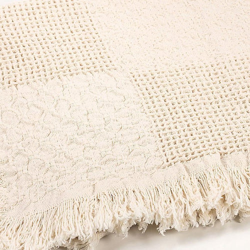 Close-up of a handcrafted off-white jacquard cotton throw featuring textured block patterns and fringed edges, made in USA, ideal for Home Textiles and Decor collections.