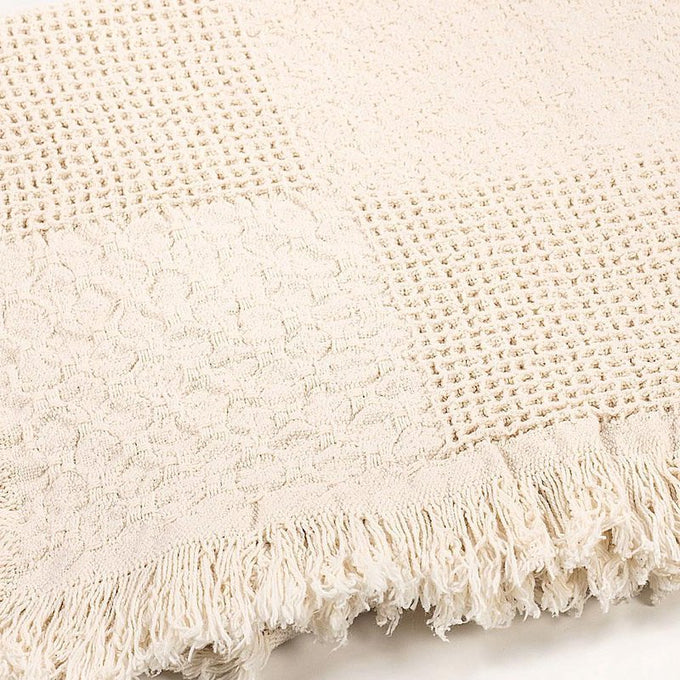 Close-up of a handcrafted off-white jacquard cotton throw featuring textured block patterns and fringed edges, made in USA, ideal for Home Textiles and Decor collections.
