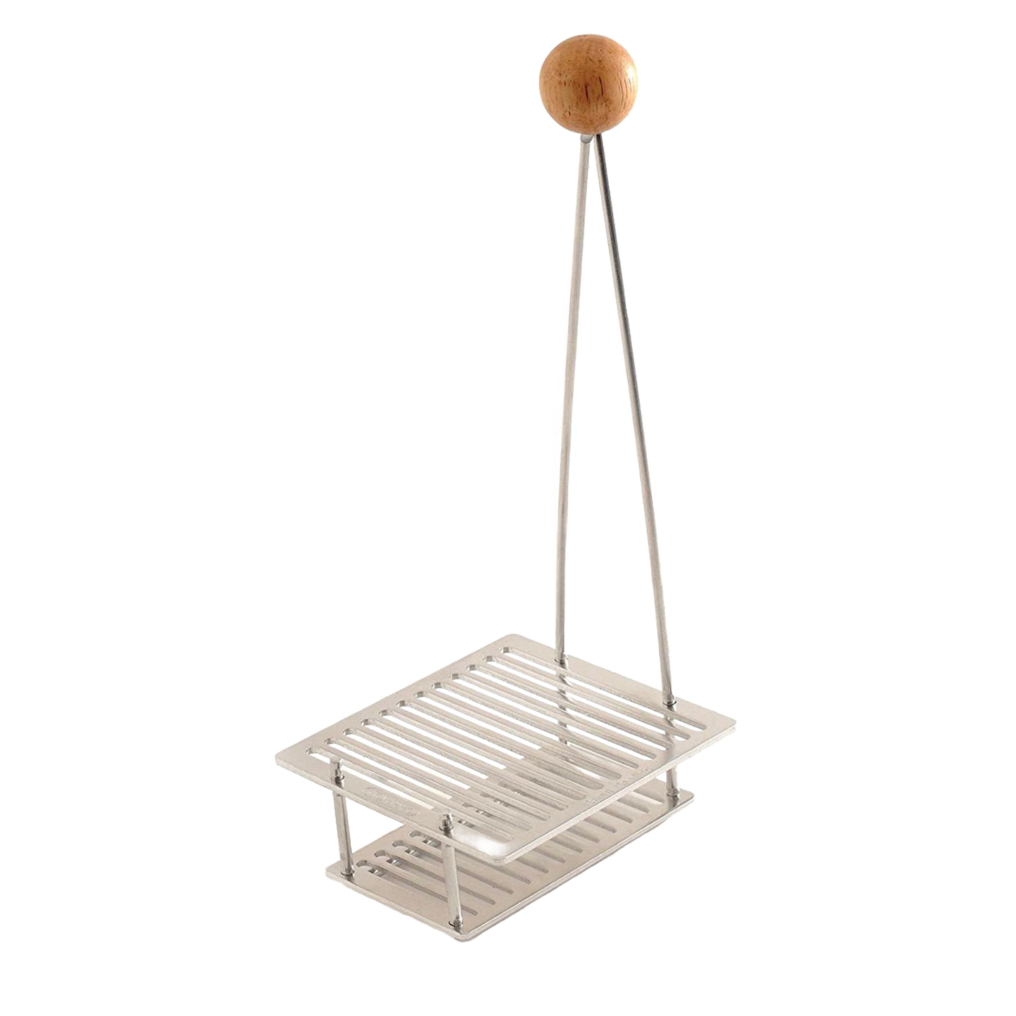 Metal rack with individual slots for 12 canning lids and a 10-inch handle topped with a wooden knob that stays cool, ideal for food preservation and homesteading uses.